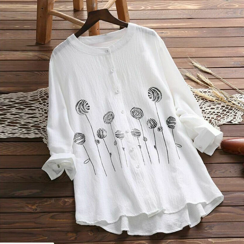 

Women Plus Size Blouse Woman Casual Loose Button Tops Summer Long Sleeve Linen Shirt Ladies Harajuku Oversize Embroidery Blouse