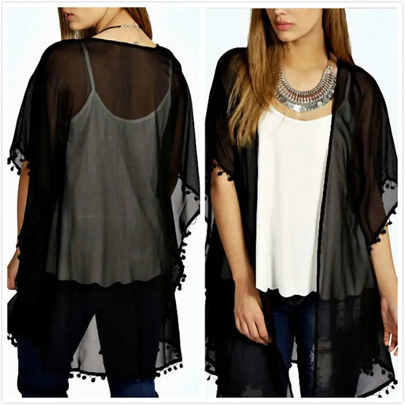 Шифоновые Топы с кисточками шаль кимоно кардиган Blusa Feminina 2016 Женская