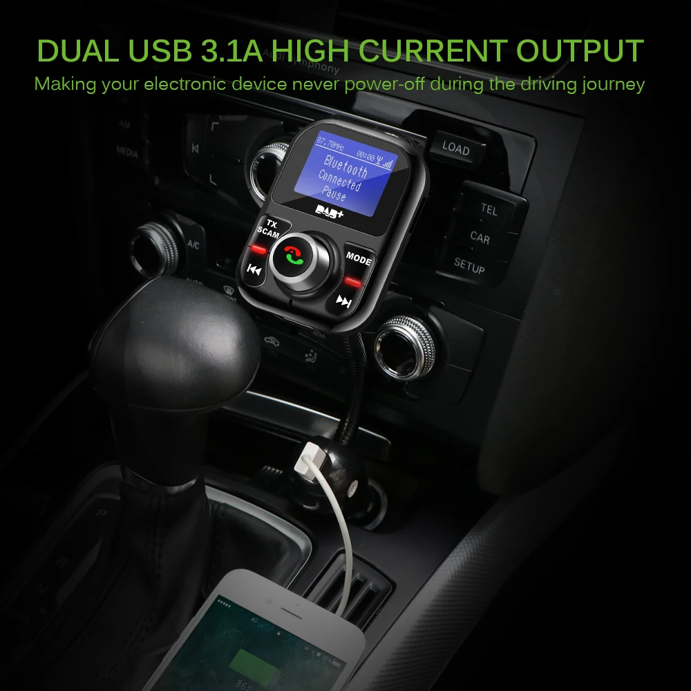 Car Bluetooth FM Transmitter DAB/DAB+ Receiver with Antenna 3.1A Dual USB Charger Support TF Card and U-disk AUX OUT | Автомобили и