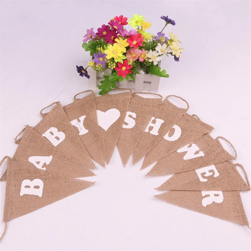 Флажок из мешковины белый с надписью Love узором в виде сердца Baby Shower гессенской