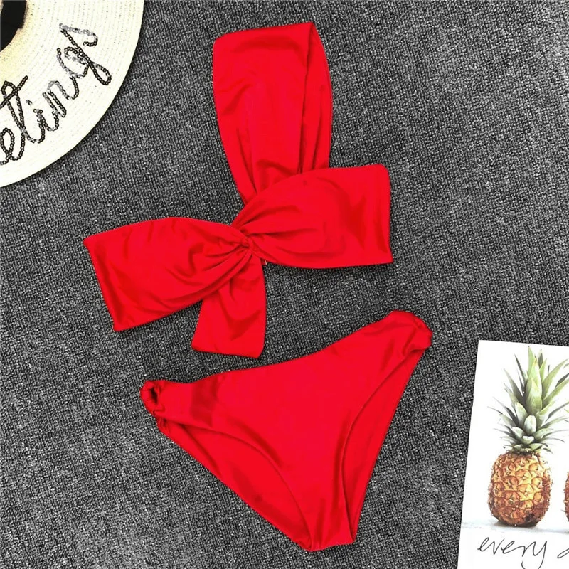 

Bikini Women Female Two Piece Swimwear Solid Knot Swimwear Single Shoulder Sexy Swimsuite