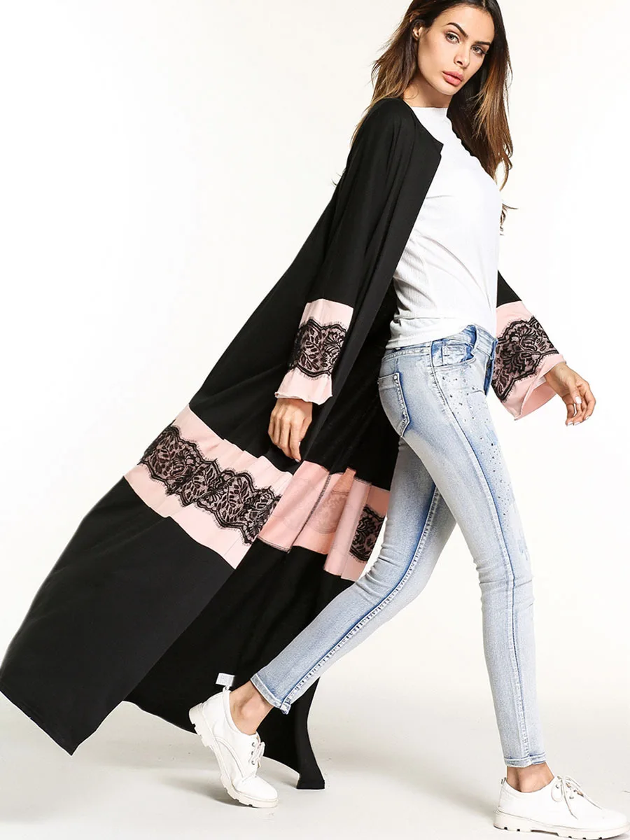 Рамадан мусульманское Абая кружево черное лоскутное длинное платье кимоно Jubah
