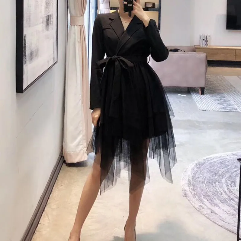 Женское комбинированное платье DEAT Сетчатое с отложным воротником и длинными