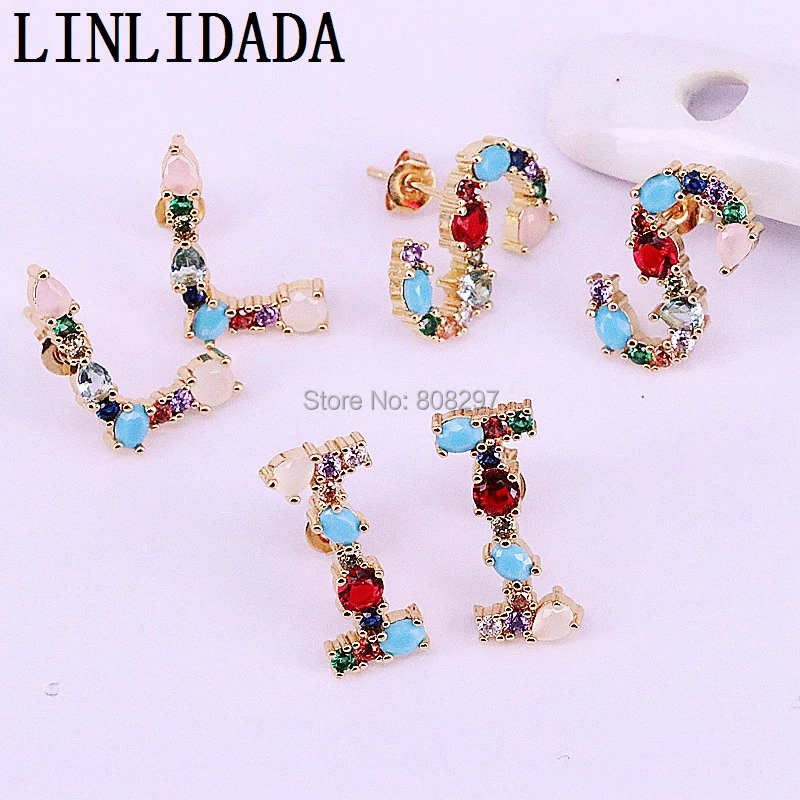 

6Pair New Fashion Cubic Zirconia Stones Pave Setting 26 Alphabets Letter Stud Earrings, Women Party Jewelry Gift