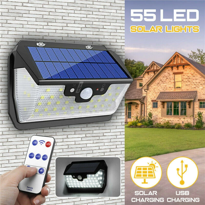 55LED Солнечный свет PIR датчик движения Открытый сад настенный светильник Luz USB