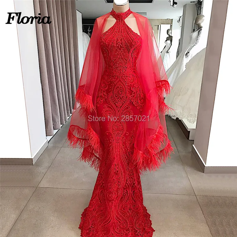 

Aibye Red Mermaid Evening Dresses 2019 New Beaded Couture Kaftan Prom Dress With Jacket Custom Made Party Gowns Robe de soiree