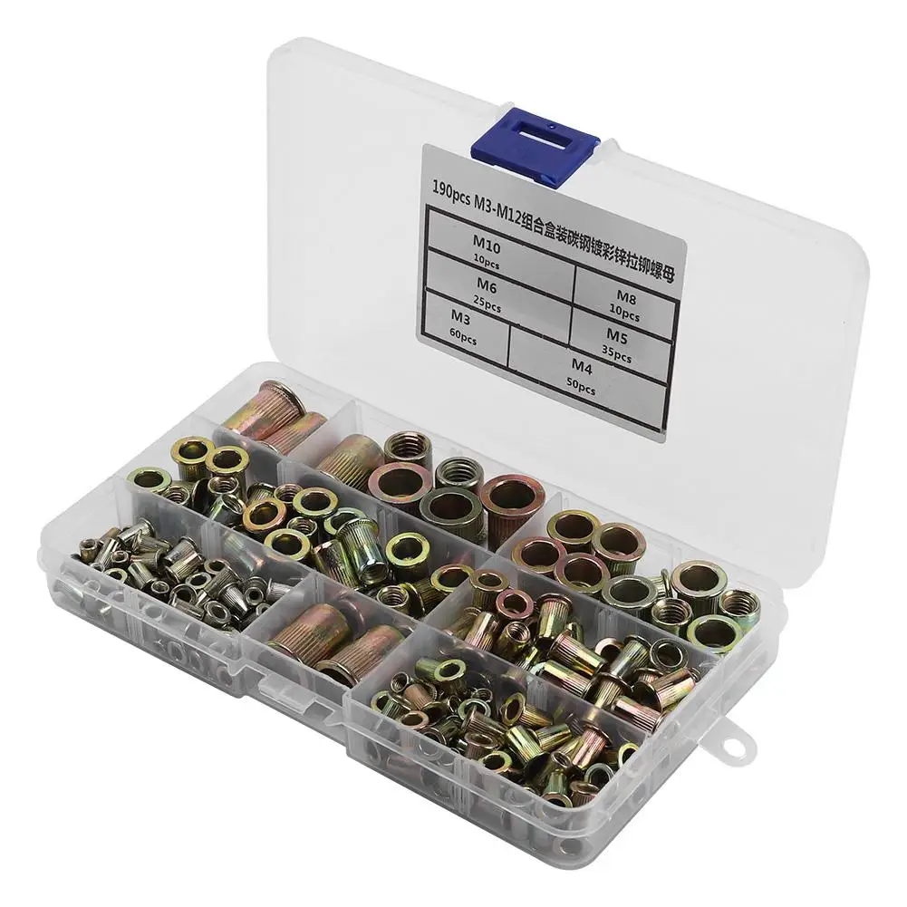 190 шт./компл. M3 M12 покрытая углеродистая сталь заклепки гайка Rivnut плоский