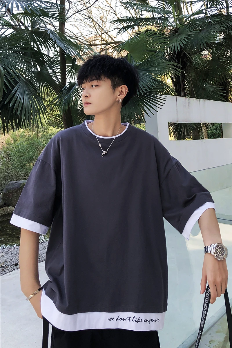 

New Summer Full Cotton False Two Paper Split Joint Preppy Style Short Sleeve Black t shirt tops Low price Free shipping
