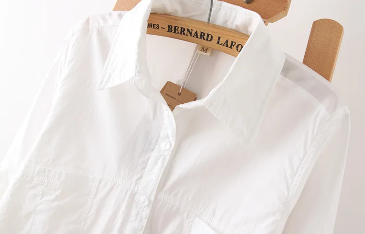 

Women Casual White 100% Cotton Loose Shirts Femme Preppy Style Long Sleeve Pocket Turn-down Collar All Match Simple Shirt Tops