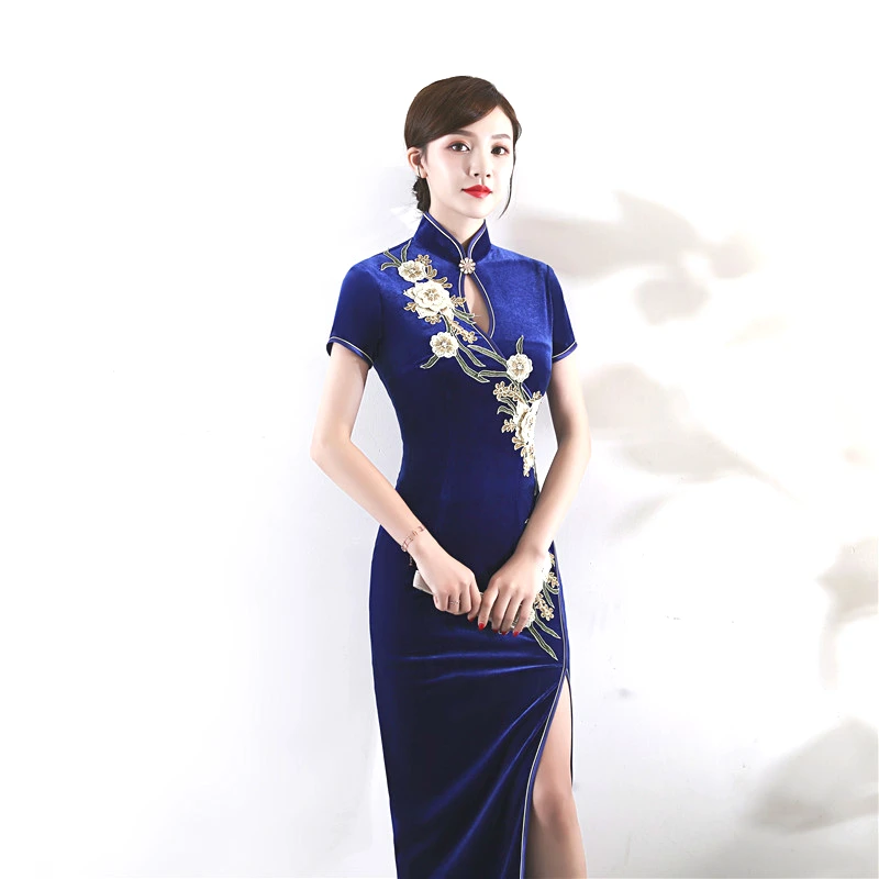Китайский бархатный Чонсам Qipao эластичное длинное Восточное винтажное темно