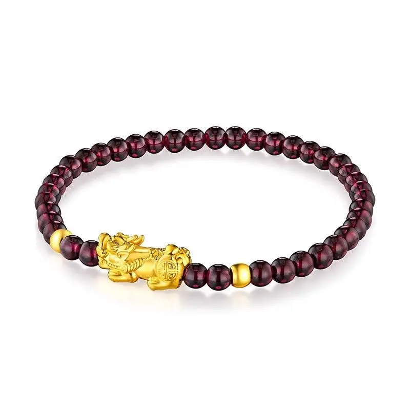 

Solid 24k Yellow Gold 3D Lucky Pixiu Bead 4mm Red Garnet Bracelet 16.5cm