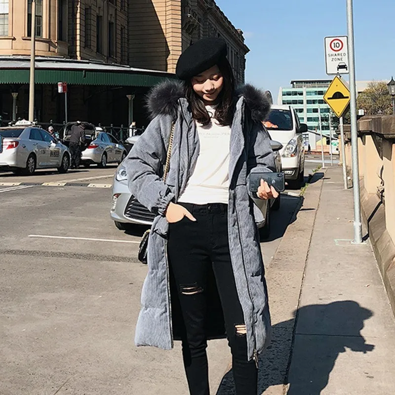 Winter Jacket Coat Women 2018 Casual Fashion Pink Corduroy Down Cotton Jacket Parka Thick Hooded Long Section Padded Overcoat