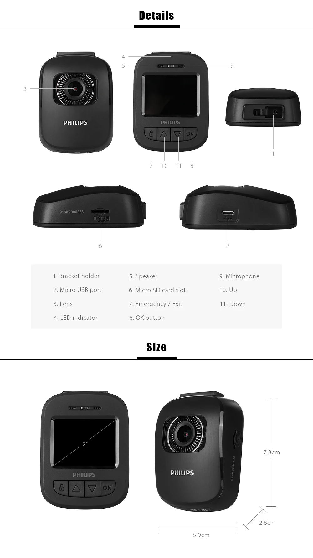RU Wharehouse Оригинальный Автомобильный видеорегистратор PHILIPS ADR720 2'&#x271440P с углом