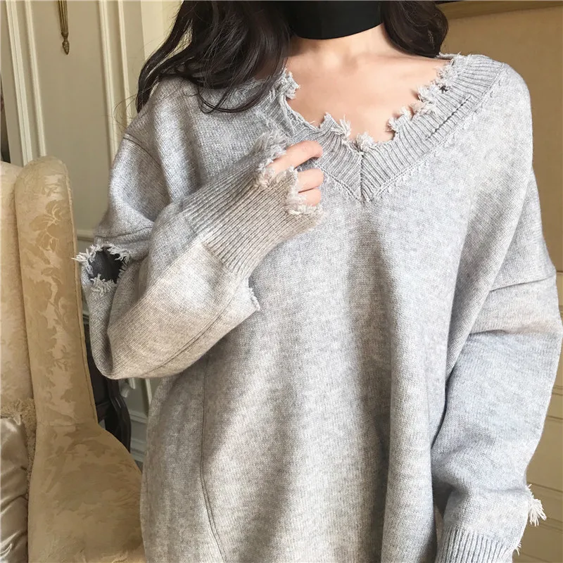 Осень вязаный свитер Для женщин один размер рваные V шеи свободные свитера