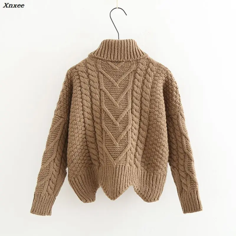 Thickened Sweater Women's Autumn Winter Korean Style Loose Twist Knitted Short Design Pullover Turtleneck Black Brown Female | Женская