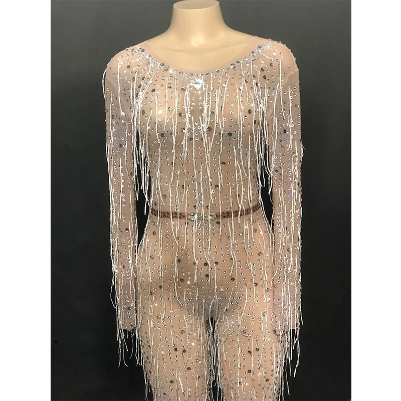 New Woman Mesh Sexy Glisten Silver Rhinestones Jumpsuit Tassel Perspective Evening Costume Women's Dance Wear | Женская одежда