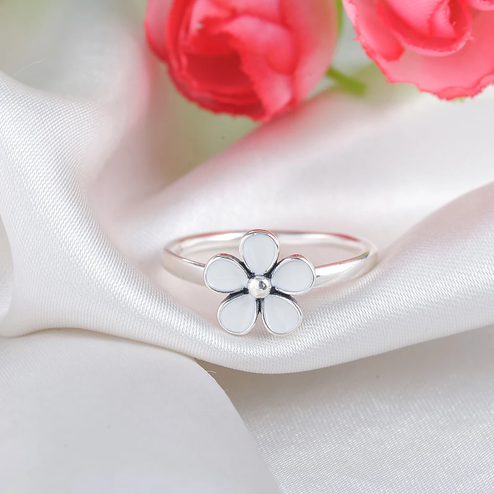 Devolove New 925 Sterling Silver Flower White Enamel Authentic Jewelry Finger Ring For Women Party Gift PSRI0026-B Dropshipping | Украшения