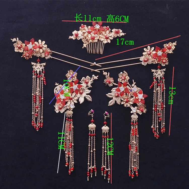 2018 new Chinese flower Red beads tassel bride head wear ancient tiara costume wedding hair jewelry | Украшения и аксессуары