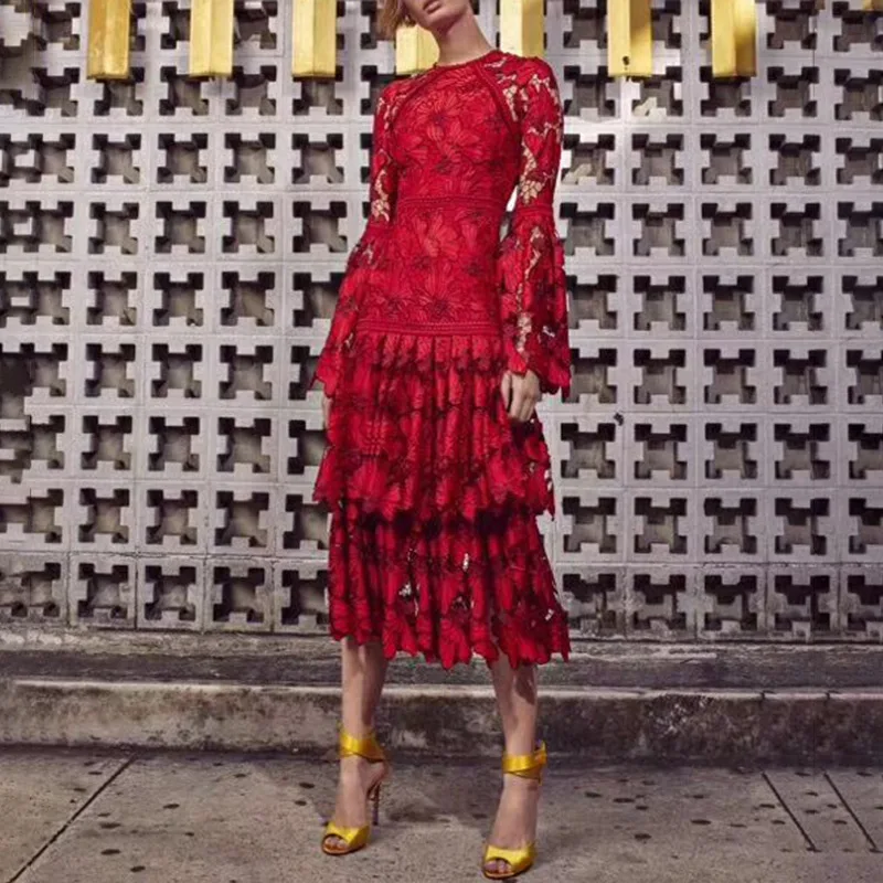 2019 Лето Boho Цветочные женские красные платье длины макси с кружевами Подиум