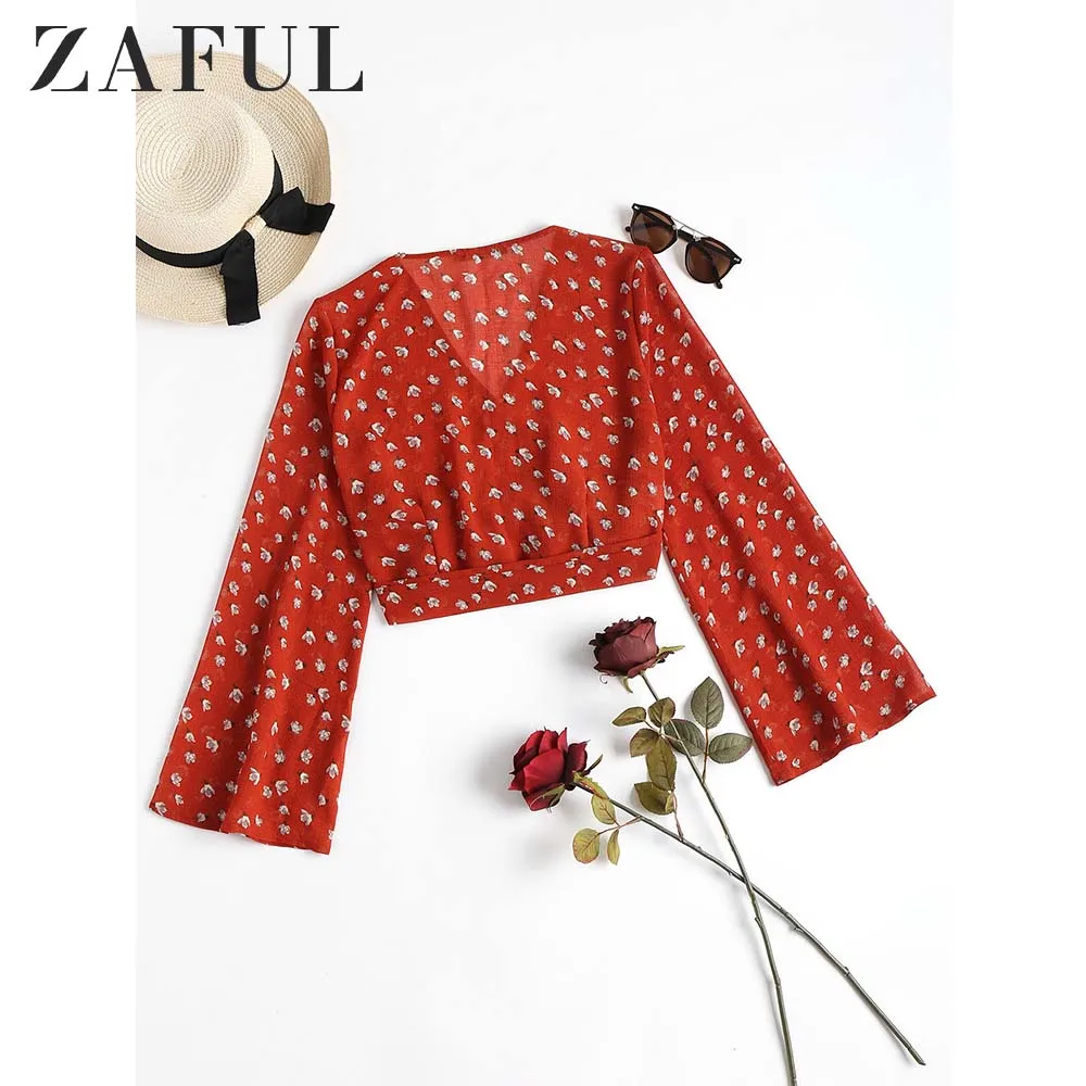 ZAFUL Укороченный укороченный топ с цветочным принтом и V образным вырезом