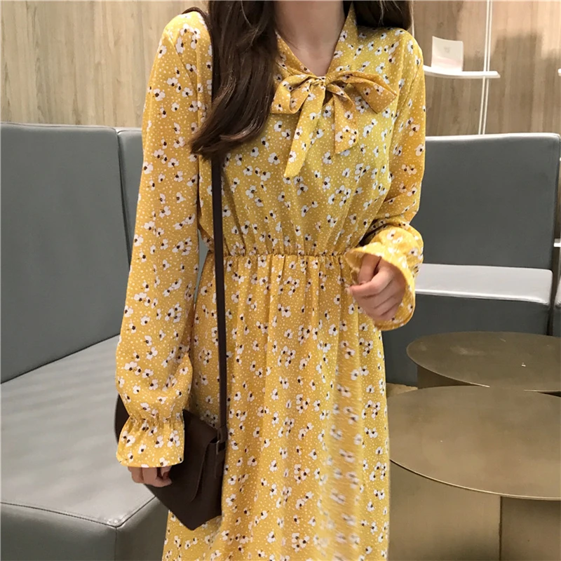 Chic Print Women Dress Casual Lace Up Kawaii Ruffles Sleeve Chiffon 2019 Spring Autumn A-Line Knee Length | Женская одежда