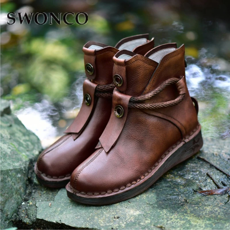 

SWONCO Women Ankle Boots Natural Leather Handmade Snow Boots 2019 Classic Autumn Winter Boot For Woman Retro Casual Shoes Warm