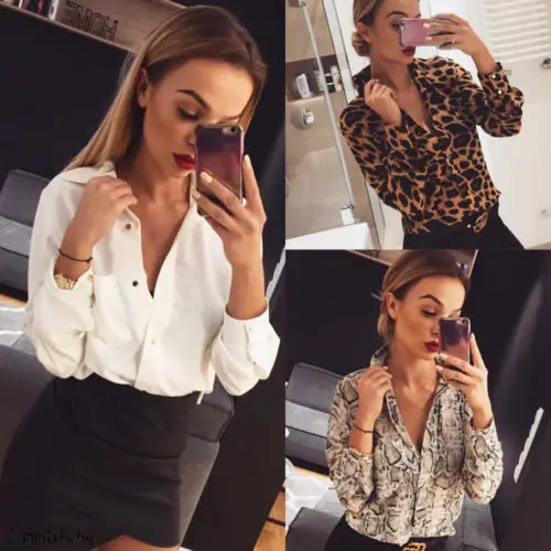 Женская леопардовая блузка Повседневная рубашка с v образным вырезом и длинными