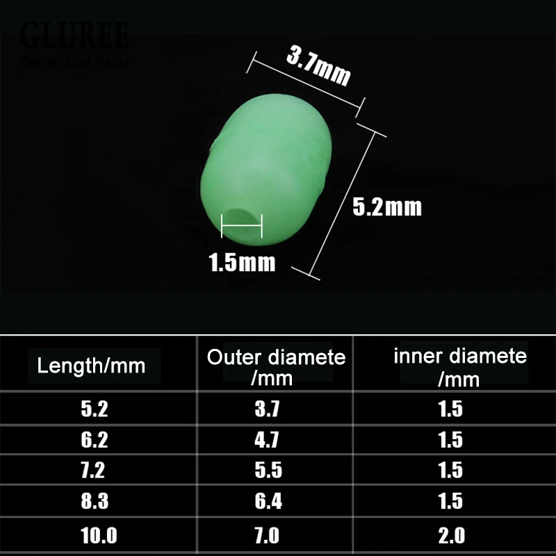 GLUREE 100 шт./лот циклические мягкие светящиеся бусины для рыбалки зеленая