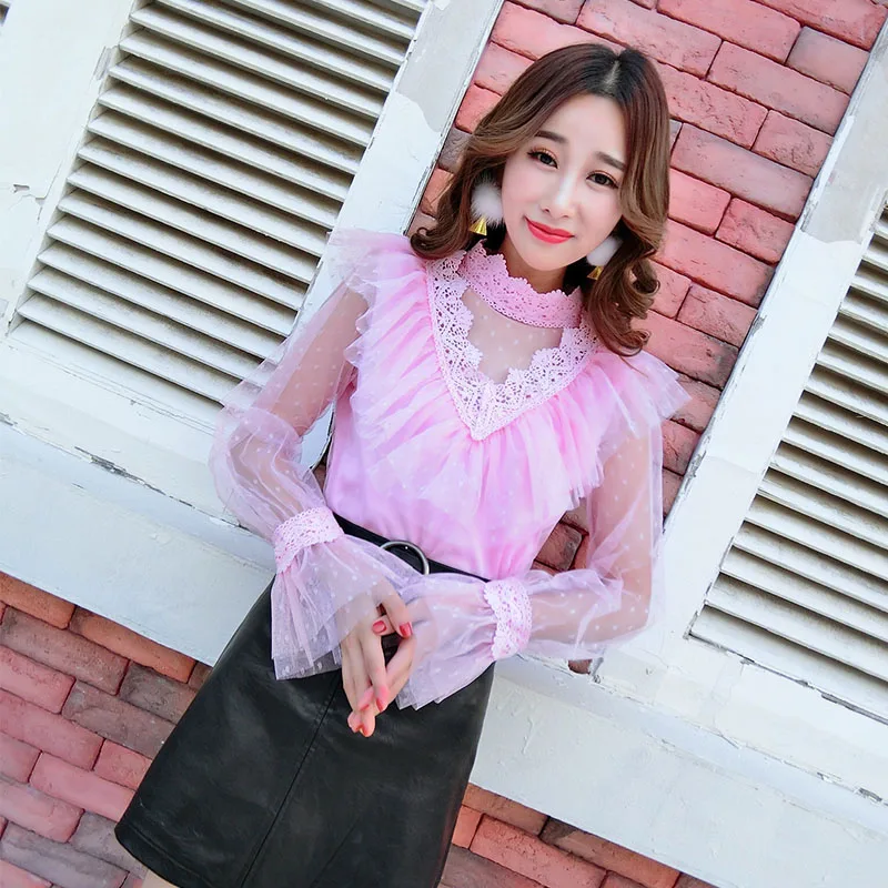 

fashion trend New Women's Clothing flare sleeve autumn thin ruffles stand lace-Up patchwork dot mesh full ladies office blouse