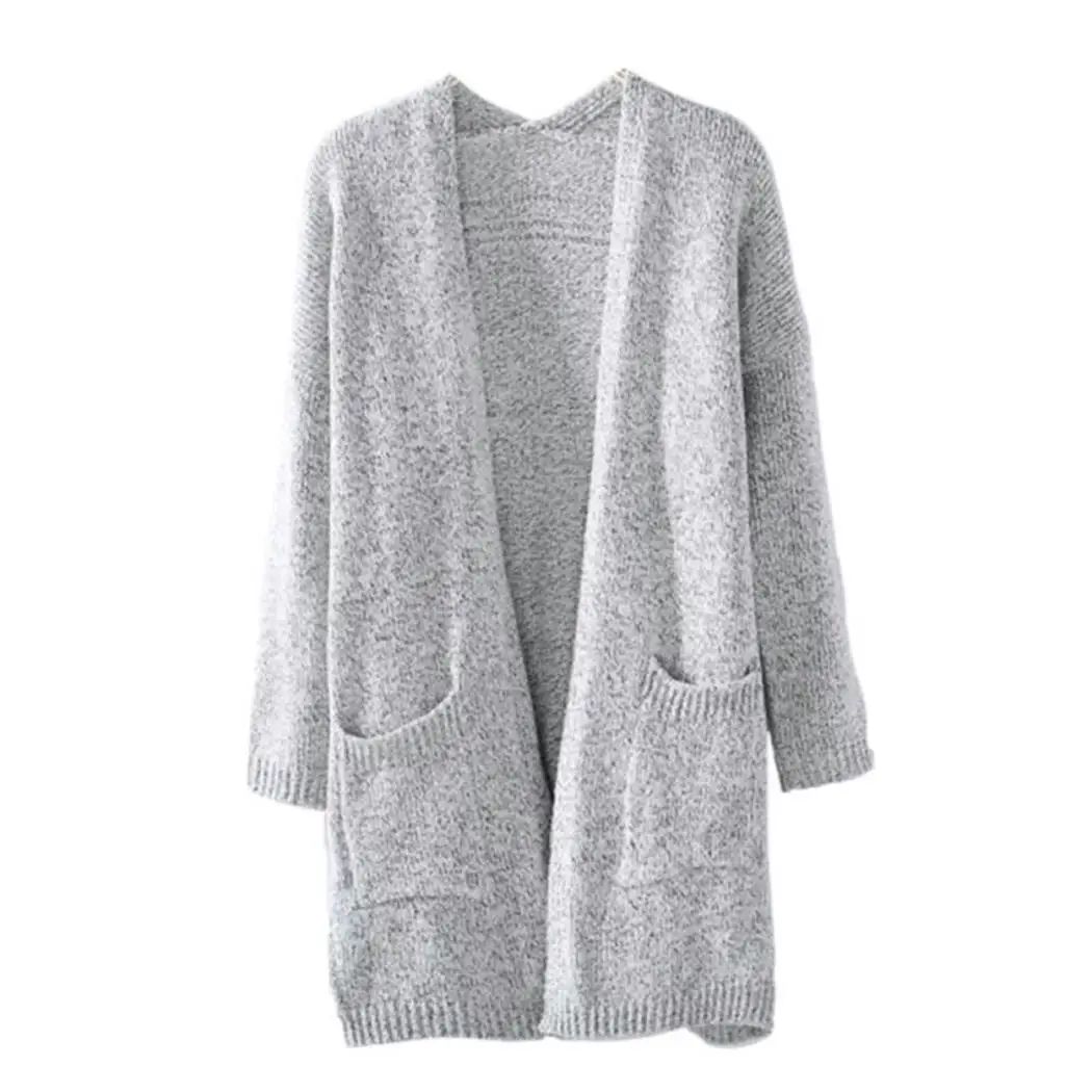 Women Fashion Casual Long Sleeve Solid Color V-Neck Autumn Spring Loose Pockets Knit Cardigan Open Front |