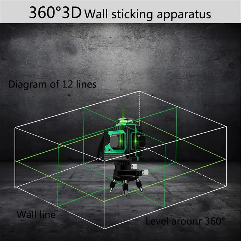 

3D IP54 Waterproof 12 Lines Green Laser Levels Self-Leveling 360 Horizontal And Vertical Cross Super Powerful Green Laser Beam