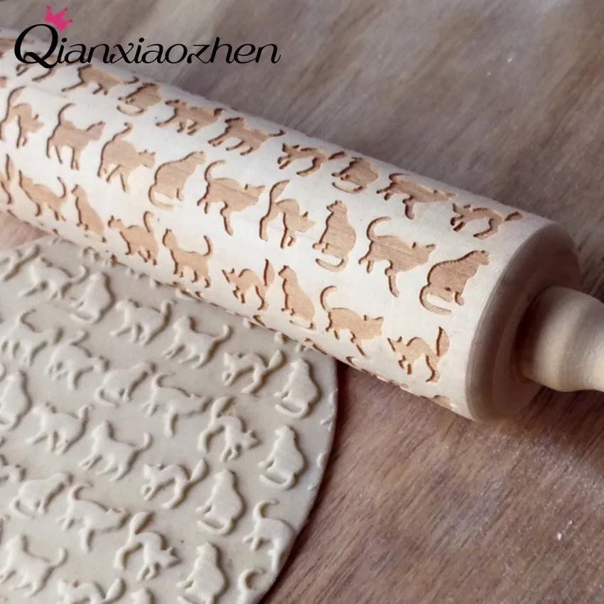 Qianxiaozhen Cat Pattern Wooden Rolling Pin Baking Cookies Wedding Gifts For Guests Decoration Kitchen | Дом и сад