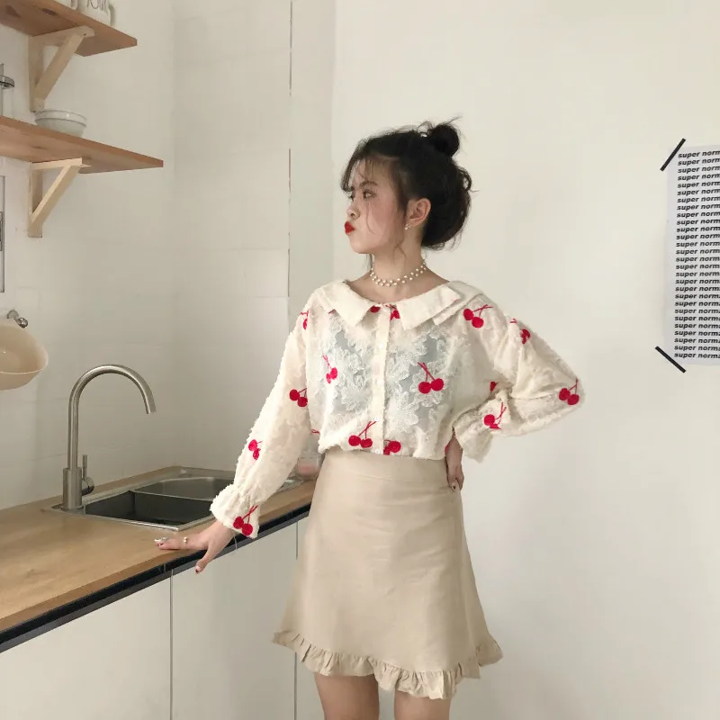 Женская блузка с вышивкой в виде вишни Lychee весенне-осенняя милая круглым