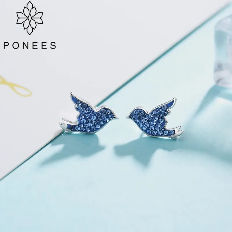 

PONEES New Trendy Wholesale Jewelry Blue Crystal Bird Stud Earrings For Women Fashion Cute Animal Bird Earrings For Girls Party