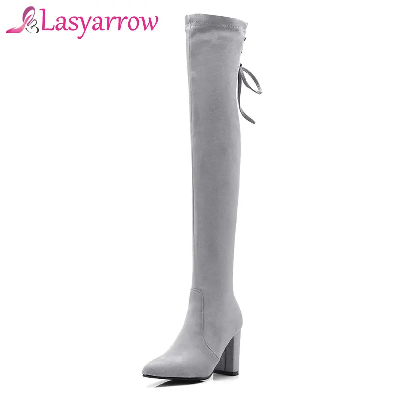 

Lasyarrow Thick High Heels Pointed Toe Over the Knee Boots Women Lace Up Stretch Thigh High Long Boots Female Black Gray Size 46