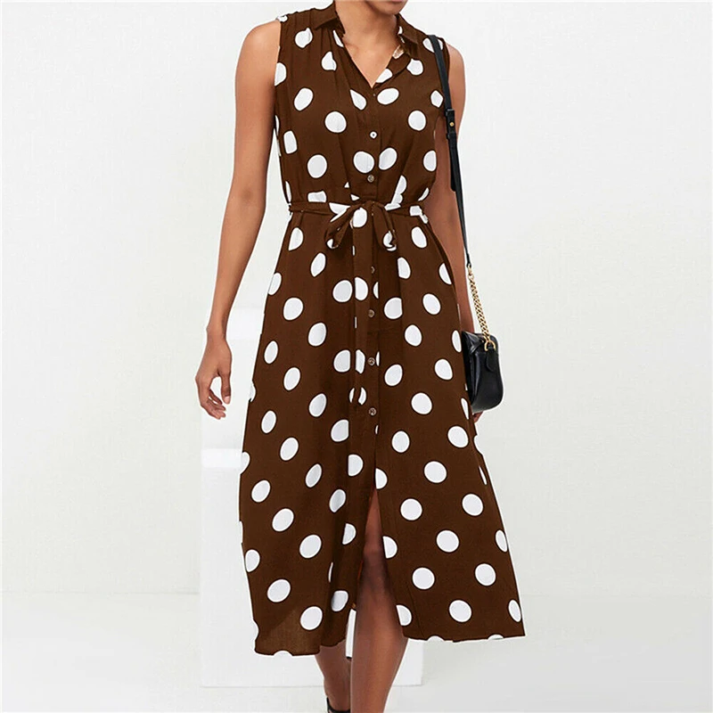 

Sexy Split Polka Dot Dress Woman A-Line Dresses Fashion Vestidos Office Ladies Elegant Polka Dot Long Dress Button Beach Dresses