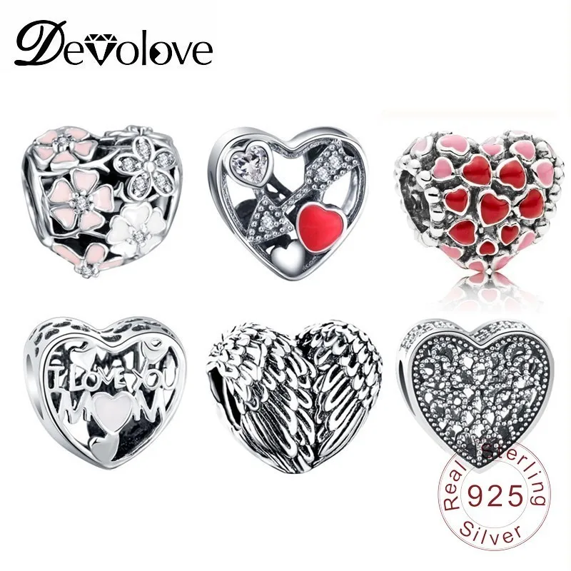 Devolove 100% Серебряный в форме сердца Шарм бусины подходят оригинальный Pandora