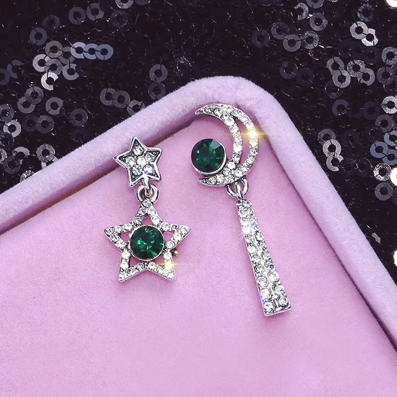 Женские асимметричные серьги FYUAN в Корейском стиле с зелеными кристаллами и