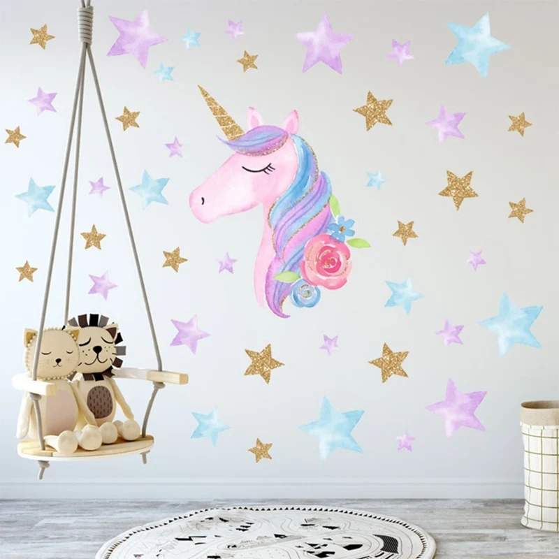 Cartoon Cute Unicorns Star Heart Wall Stickers Wallpaper DIY Vinyl Home Decals Kids Living Room Bedroom Girls Decor | Дом и сад