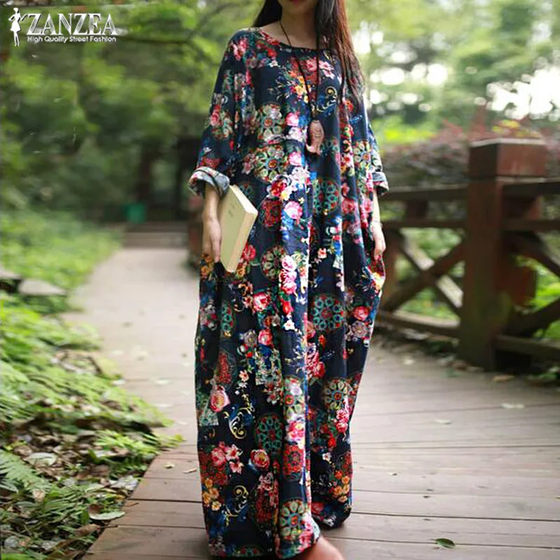 

ZANZEA Women Maxi Long Dress 2022 Vintage Floral Print Dresses Long Sleeve Pockets Casual Loose Vestidos Bohemian Robe