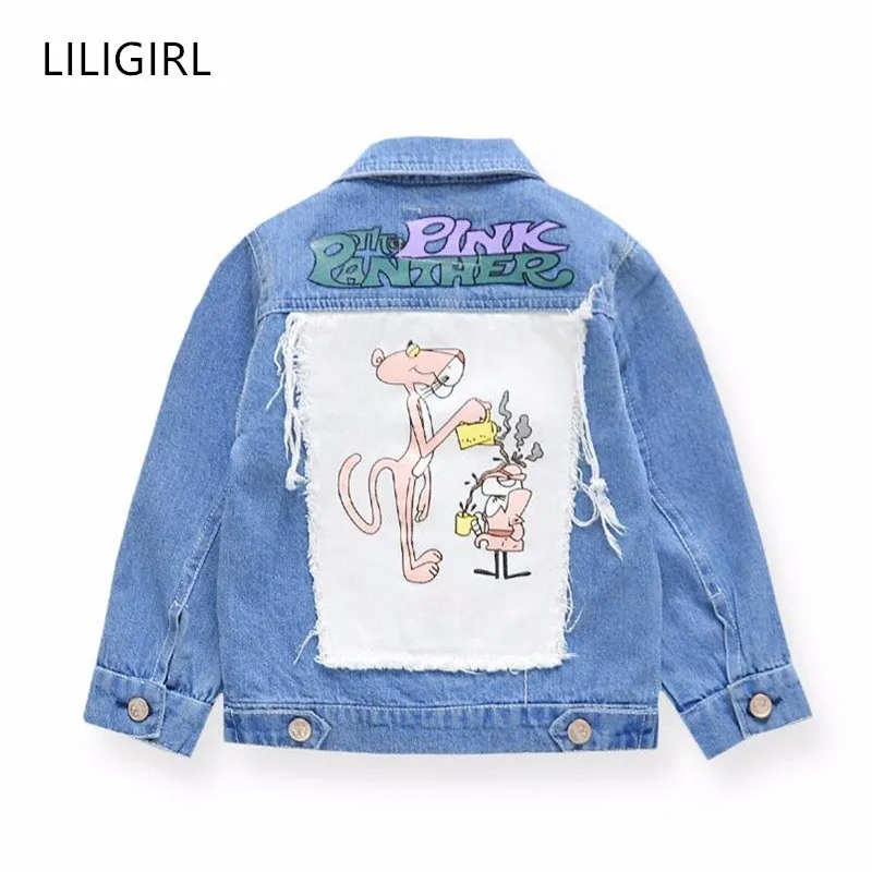 LILIGIRL/новая джинсовая куртка для девочек детское розовое пальто с рисунком