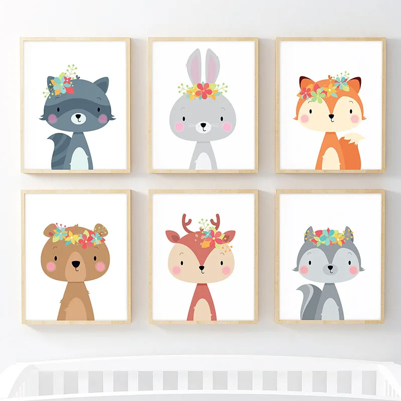 Girl Nursery Decor Woodland Animal Flower Canvas Painting Pictures Wall Art Posters and Prints Kids Playroom Bedroom Decoration|Рисование и