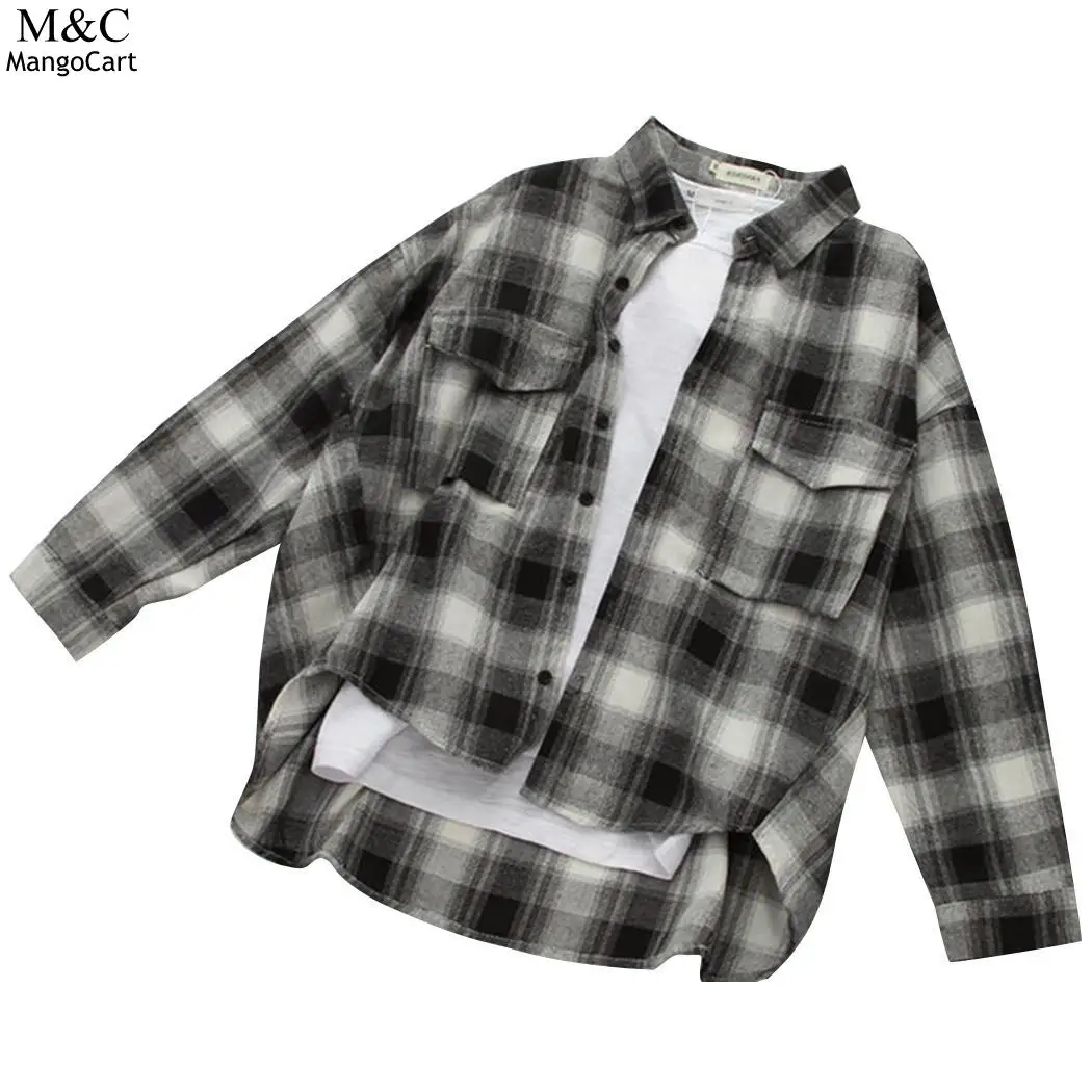 Plaid Shirt Long Large Sleeve Buttons BF Front Women Blouses Style Casual Shirts pockets 2018 Cotton |
