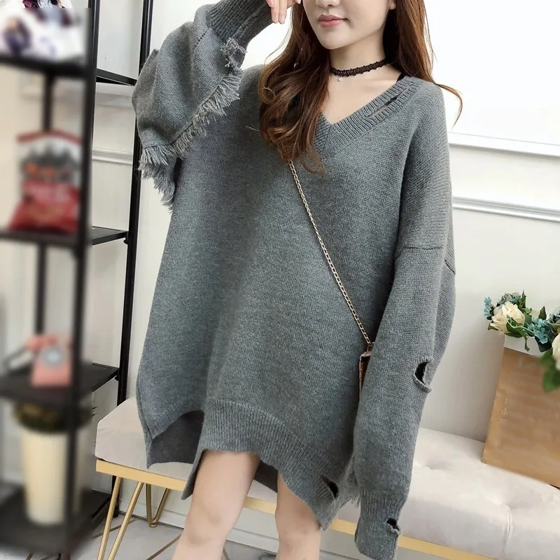 CHICEVER Knitted Sweater V Neck Patchwork Tassel Lantern Sleeve Loose Hollow Out Irregular Pullovers Tops Female Fashion Tide | Женская