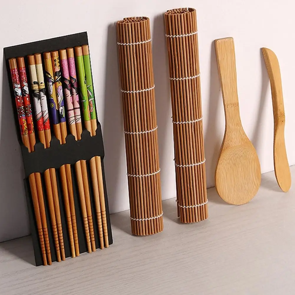 Adeeing Complete Bamboo Sushi Making Kit 2 Rolling Mats 1 Spoon Spreader 5 Pairs Of Chopsticks Kitchen Accessories | Дом и сад