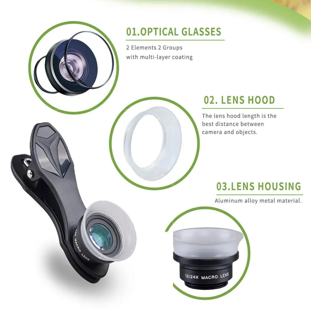 Apexel Elastic clip 2 in 1 Cell Phone Camera Lens Kit 12X/24X Macro Lenses For iPhone Samsung Huawei LG Xiaomi Sony Nok | Мобильные