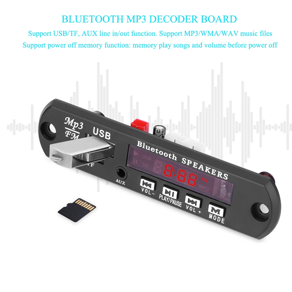 Car Bluetooth MP3 WMA WAV Decoder Board with FM Radio Audio Module TF Card USB Remote Controller(DC 5V/12V) | Электроника