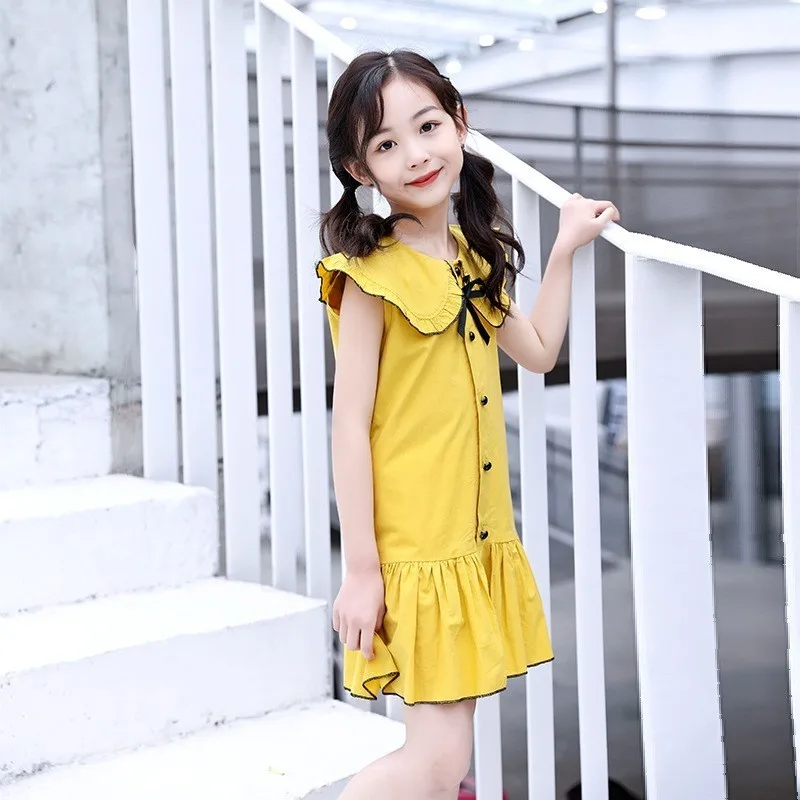 Yellow Ruffles Summer Dresses For Teenage Girls Cotton Sleeveless Peter Pan Collar toddler Dress Kids Sundress Children Clothing | Детская