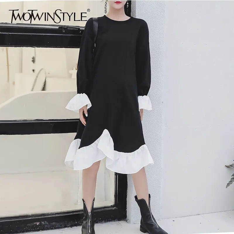 TWOTWINSTYLE свитер платье для женщин с круглым вырезом рукава фонарики пэчворк хит