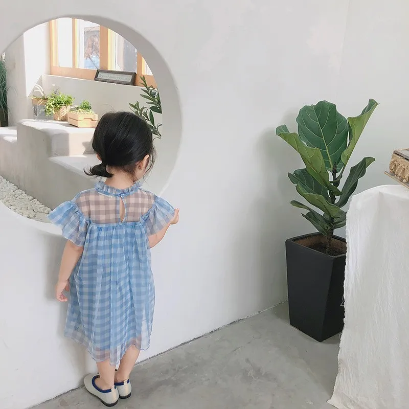 Tulle Dresses For Toddler Girls Ruffles Collar Baby Girl Dress Clothes Summer 2019 A Line Blue White Plaid Children Clothing | Детская